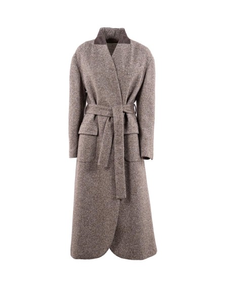Shop BRUNELLO CUCINELLI  Cappotto: Brunello Cucinelli cappotto in diagonale mélange di lana vergine e seta.
Cintura da annodare removibile.
Fodera in crêpe misto seta.
Rever sciallato.
Taschino su petto.
Tasche basse.
Polsini con bottoni.
Spacco singolo su retro.
Decorazione in monile Nickel-free.
Composizione: 73% LANA VERGINE, 22% SETA, 5% POLIAMMIDE.
Made in Italy.. MG5319932-C6321